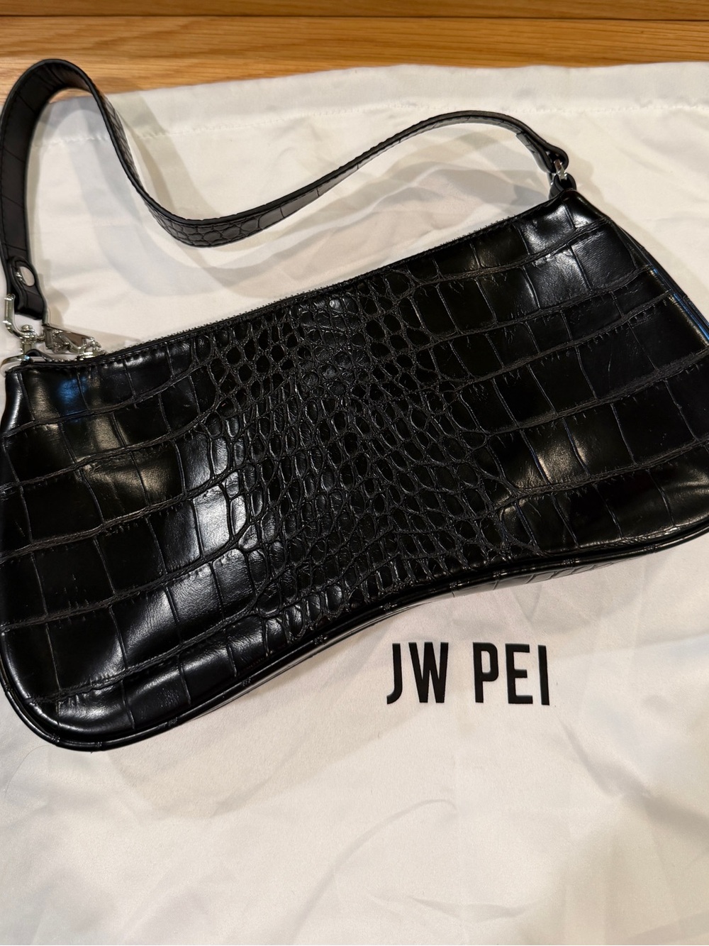 JW PEI Black Croc-Embossed Shoulder Bag with Silver Hardware